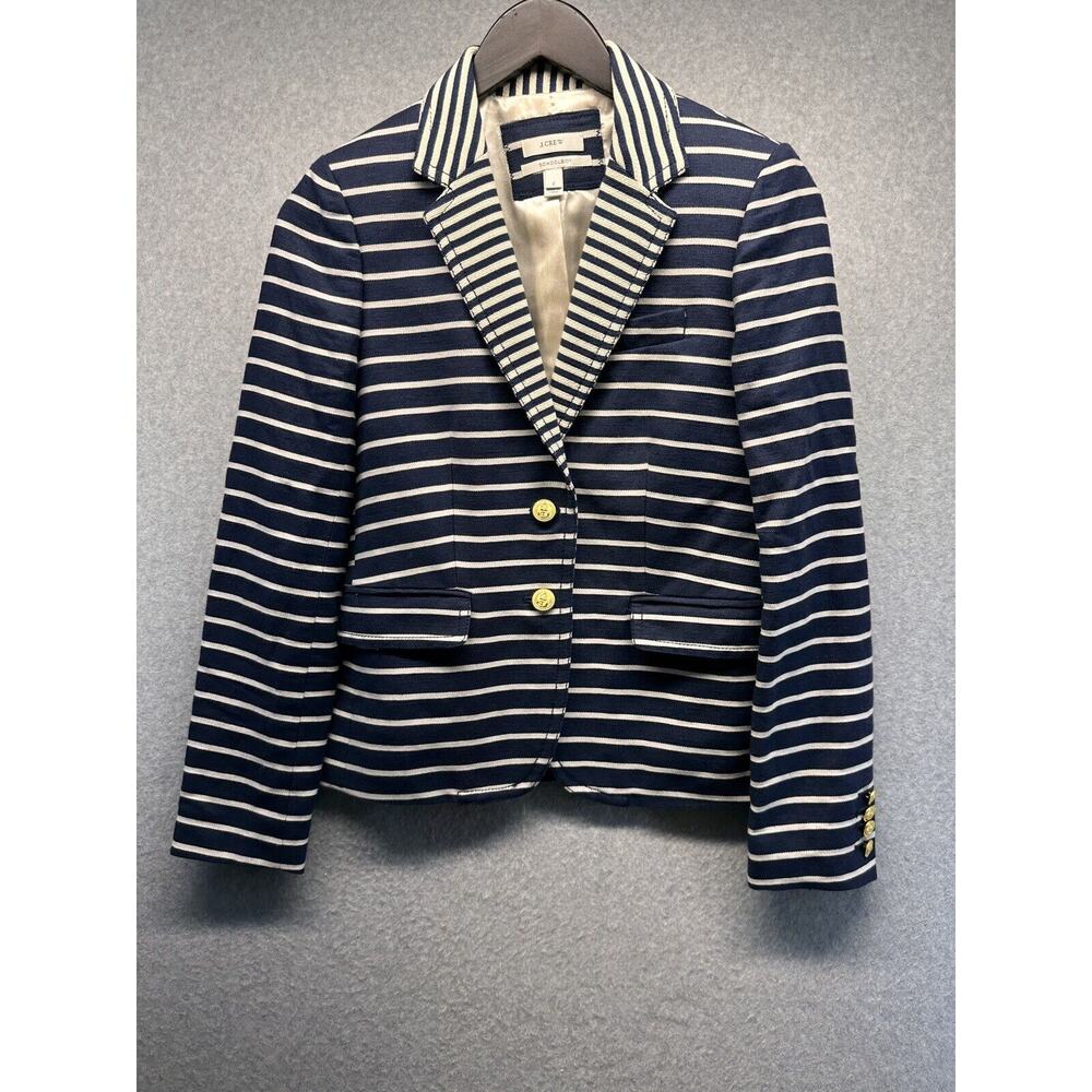 J Crew Womens Blazer Jacket Navy and Cream Stripe Gold Buttons Pockets Size 2